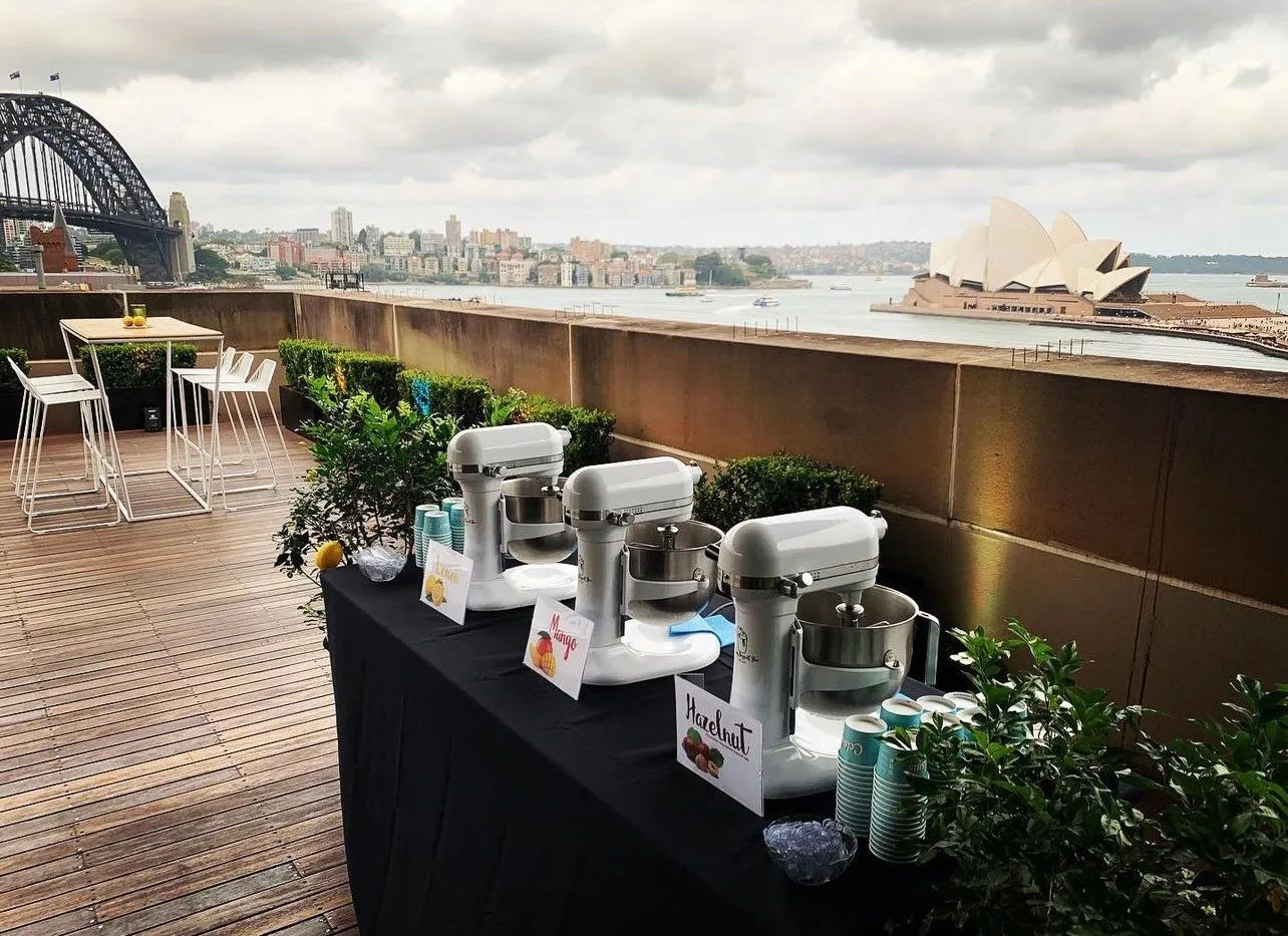 The gelato bar set up on a terrace overlooking the Sydney Harbour Bridge and the Opera House